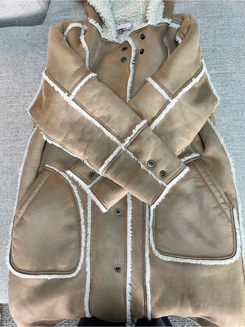 Anthropologie x Pilcro Hooded Sherpa Coat. Camel and Cream. Size Petite Small - Picture 11 of 14